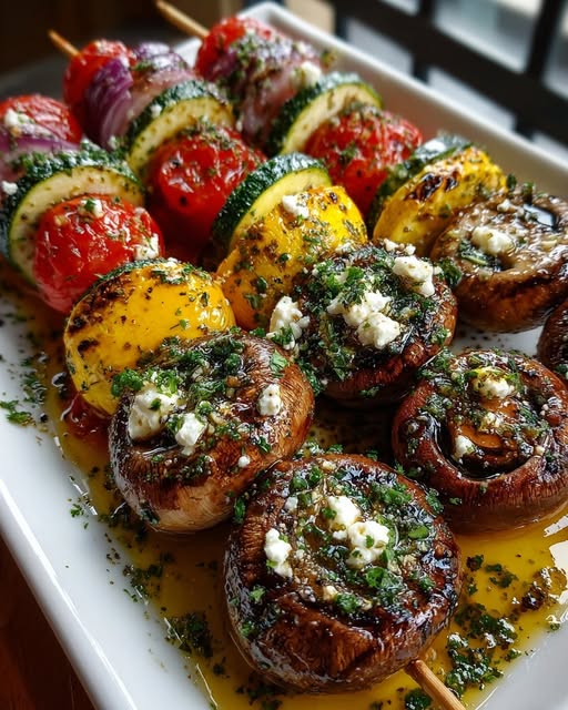 Golden Vegetable Party Skewers with Feta & Herb Oil Recipe 2 Golden Vegetable Party Skewers with Feta & Herb Oil Recipe - Recipe Image