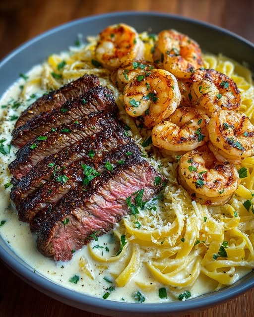 Steak & Shrimp Alfredo Recipe - Recipe Image