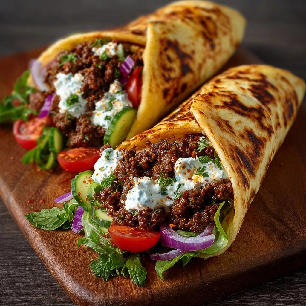 Greek Beef Wraps with Spicy Feta Sauce Recipe - Recipe Image