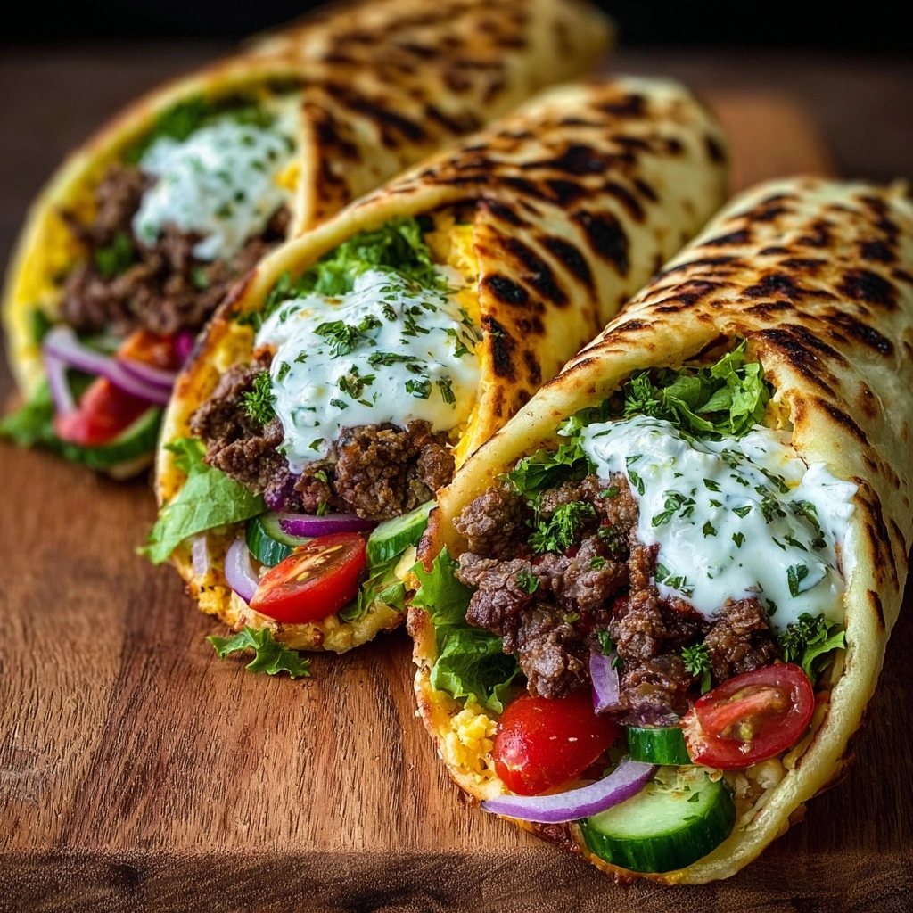 Greek Beef Wraps with Roasted Garlic Feta Sauce Recipe - Recipe Image