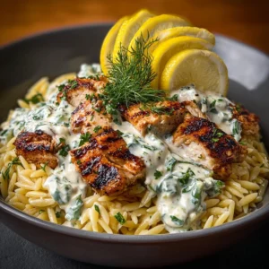 Balsamic Chicken Orzo with Roasted Veggies & Whipped Feta Recipe