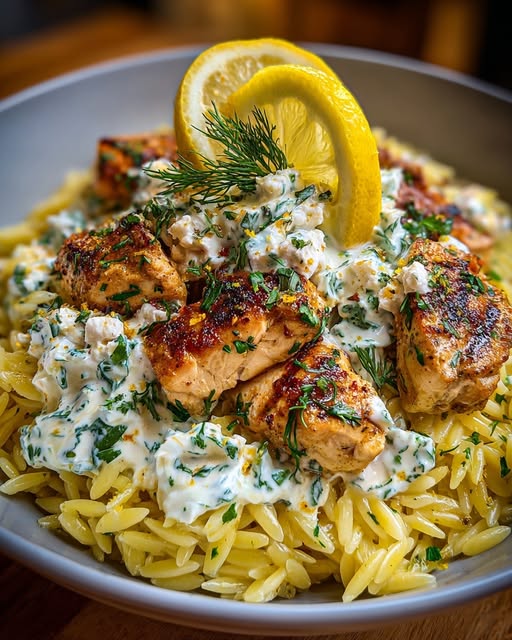 Lemon Dijon Chicken Orzo Bowl with Dill Feta Yogurt Sauce Recipe