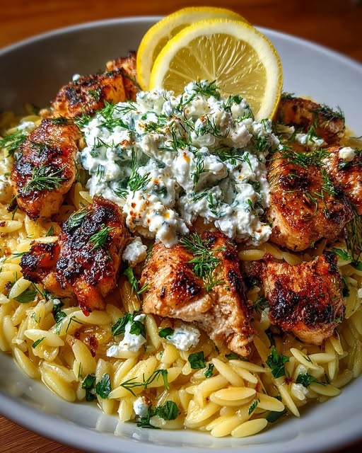 Lemon Garlic Chicken Orzo with Herb Whipped Feta Recipe