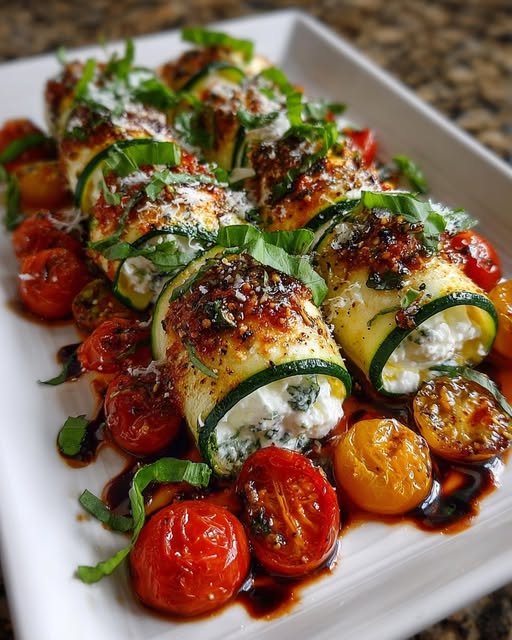 Creamy Burrata Stuffed Zucchini Rolls with Tomato Glaze Recipe - Recipe Image