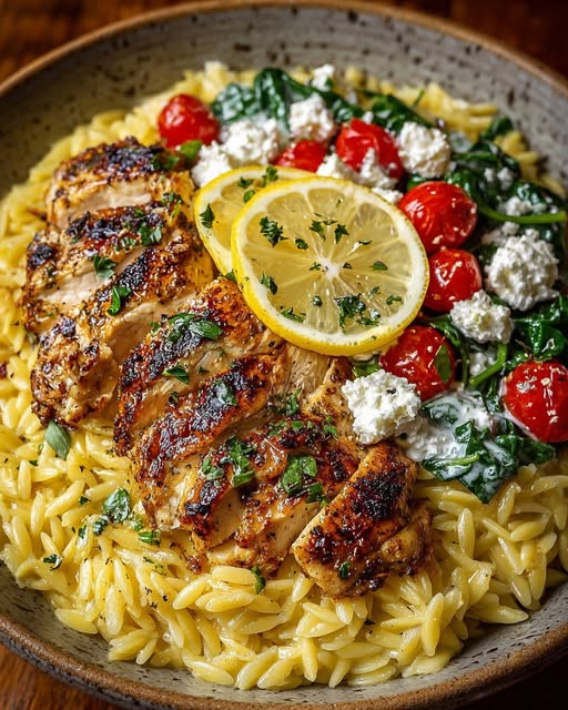 Lemon Garlic Chicken Orzo with Whipped Goat Cheese Recipe - Recipe Image