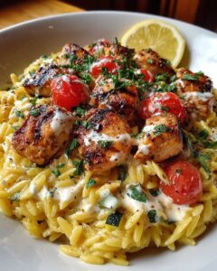 Lemon Dijon Chicken Orzo Bowl with Creamy Feta Yogurt Sauce Recipe