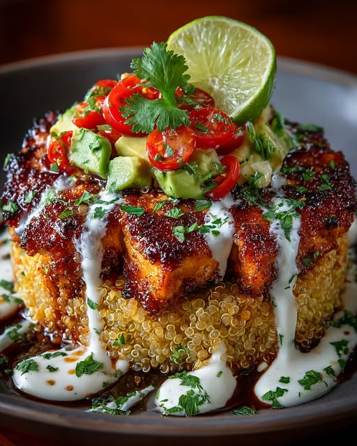 Honey Lime Chicken & Avocado Quinoa Stack with Yogurt Sauce Recipe