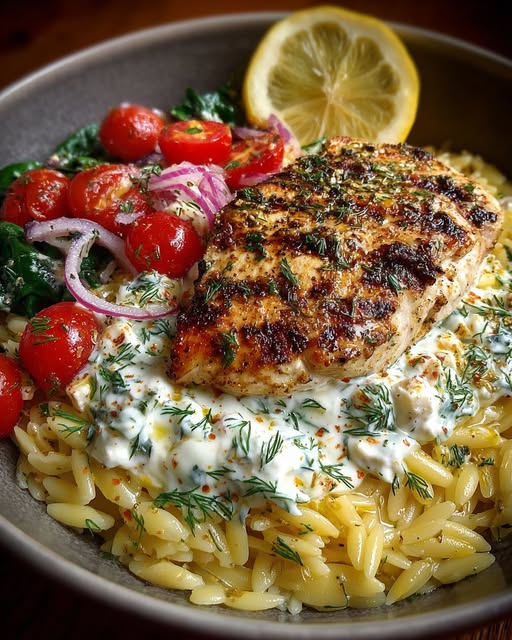 Lemon Dijon Chicken Orzo Bowl with Dill Feta Yogurt Sauce Recipe - Recipe Image