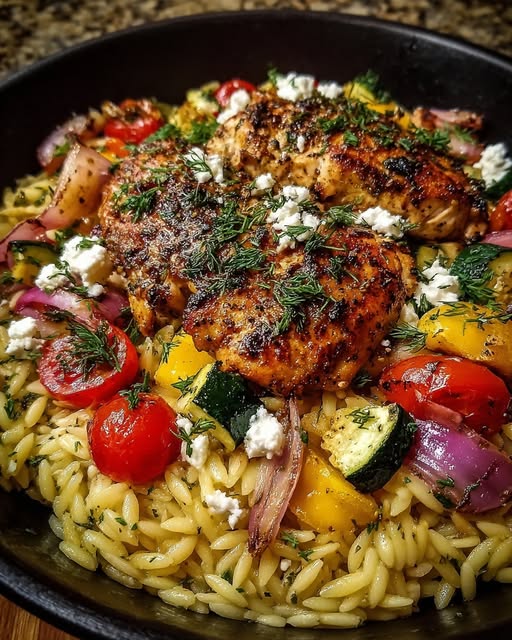 Balsamic Chicken Orzo with Roasted Veggies & Dill Feta Recipe - Recipe Image