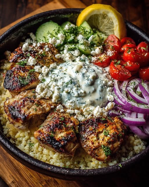 Greek Chicken Souvlaki Bowls with Garlic Feta Sauce Recipe - Recipe Image