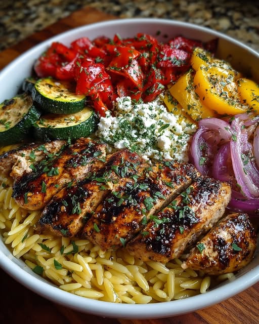 Balsamic Chicken Orzo with Roasted Veggies & Lemon Feta Recipe