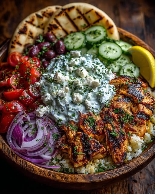 Mediterranean Chicken Pita Bowl with Spicy Feta Sauce Recipe
