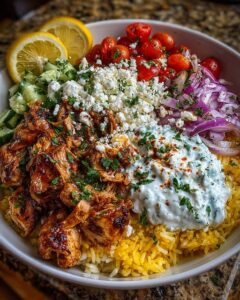 Greek Chicken Gyro Bowl with Chili Tzatziki Feta Recipe