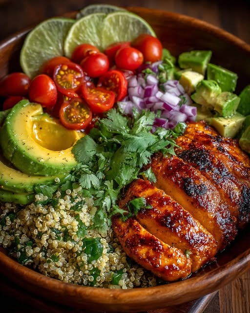 Honey Lime Chicken & Avocado Cilantro Quinoa Stack Recipe - Recipe Image