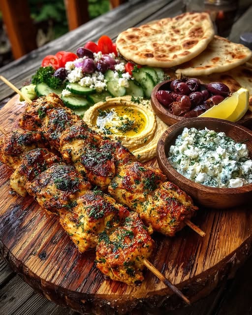 Mediterranean Chicken Skewers with Mezze Tray Recipe - Recipe Image