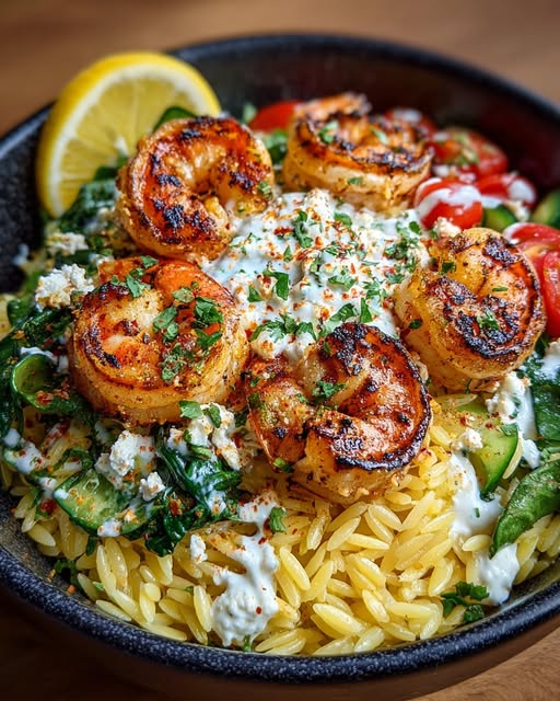 Lemon Dijon Shrimp Orzo Bowl with Lemon Feta Yogurt Sauce Recipe 2 Lemon Dijon Shrimp Orzo Bowl with Lemon Feta Yogurt Sauce Recipe - Recipe Image