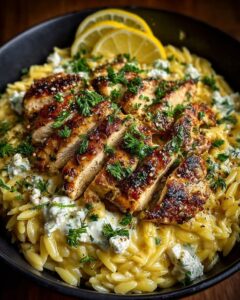 Lemon Dijon Chicken Orzo Bowl with Spicy Feta Yogurt Sauce Recipe