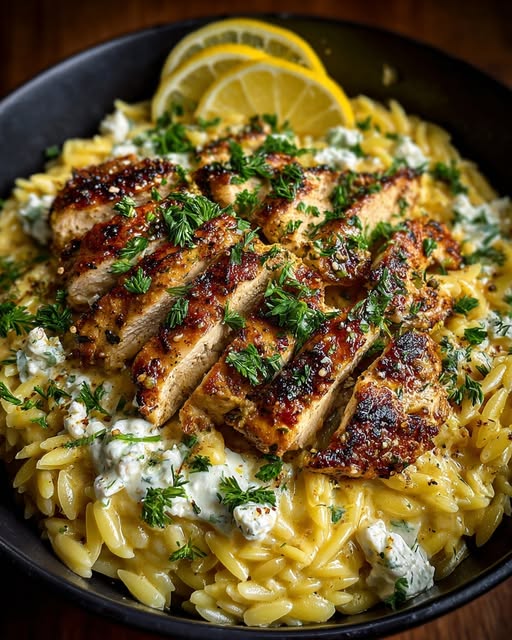Lemon Dijon Chicken Orzo Bowl with Spicy Feta Yogurt Sauce Recipe - Recipe Image