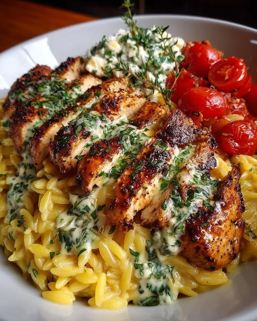 Lemon Dijon Chicken Orzo with Herb Garlic Creamy Feta Recipe - Recipe Image