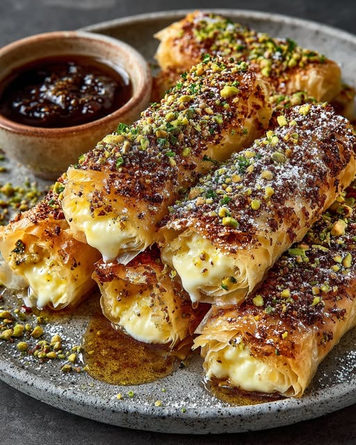 Caramelized Feta & Honey Phyllo Rolls with Pistachio Crunch Recipe