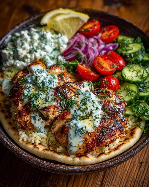 Mediterranean Chicken Pita Bowl with Lemon Dill Feta Cream Recipe