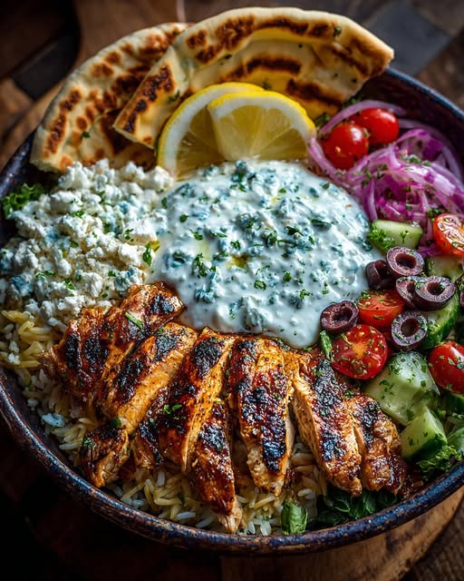 Mediterranean Chicken Pita Bowl with Whipped Feta Sauce Recipe