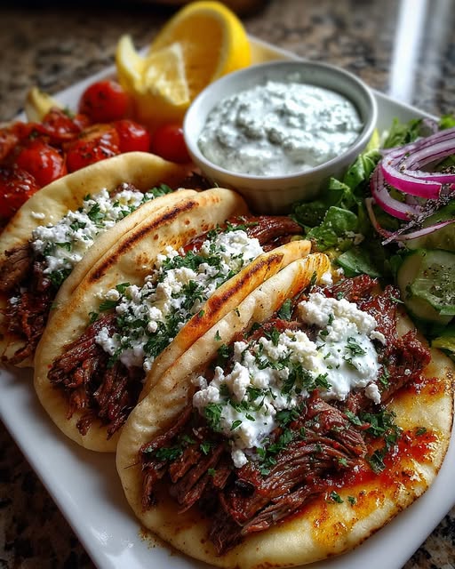Greek Beef Gyros with Spicy Tzatziki Feta Sauce Recipe