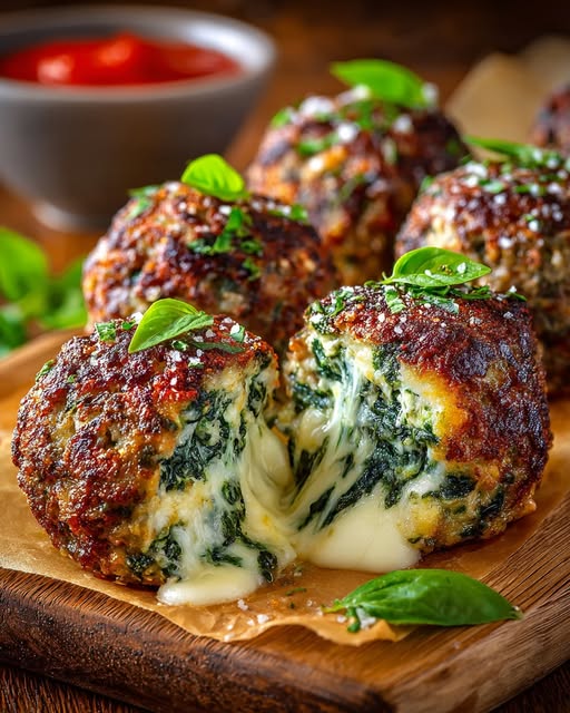 Spinach Garlic Meatballs Stuffed with Mozzarella Recipe - Recipe Image