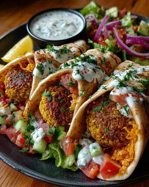 Greek Falafel Wraps with Roasted Garlic Feta Sauce Recipe - Recipe Image