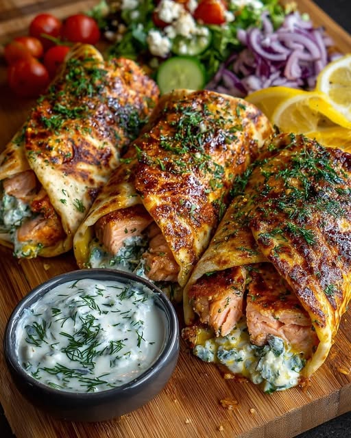 Greek Salmon Wraps with Roasted Garlic Feta Sauce Recipe