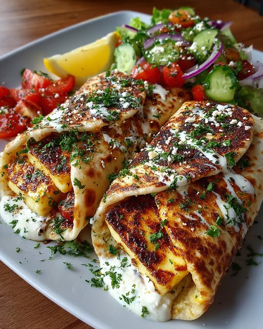 Greek Halloumi Wraps with Roasted Garlic Feta Sauce Recipe - Recipe Image