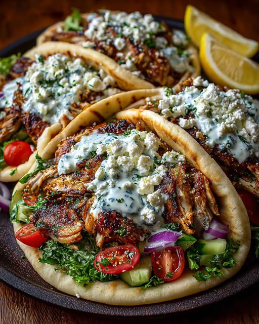 Greek Chicken Gyros with Creamy Lemon Feta Sauce Recipe - Recipe Image