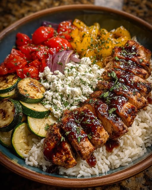 Balsamic Chicken Rice with Roasted Veggies & Feta Recipe - Recipe Image