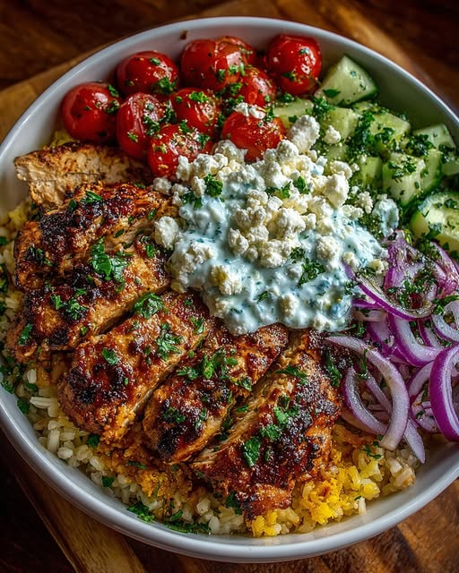 Greek Chicken Gyro Bowls with Tzatziki Feta Sauce Recipe