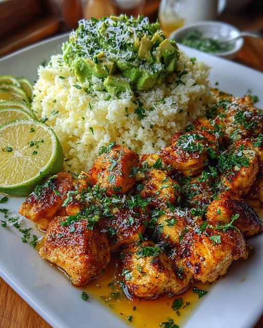 Honey Lime Chicken & Avocado Lemon Cauliflower Rice Stack Recipe