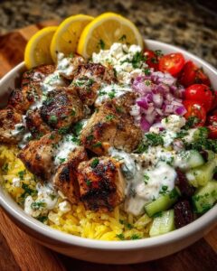 Greek Chicken Souvlaki Bowls with Creamy Feta Sauce Recipe