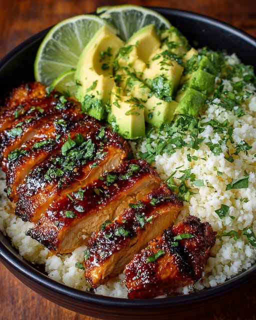 Honey Lime Chicken & Avocado Garlic Cauliflower Rice Stack Recipe
