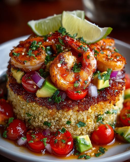 Honey Lime Shrimp & Avocado Quinoa Stack Recipe