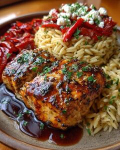 Balsamic Glazed Chicken & Orzo with Feta & Roasted Peppers Recipe