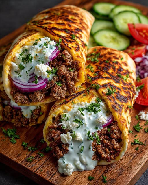 Mediterranean Ground Beef Pita Wraps with Creamy Feta Sauce Recipe - Recipe Image