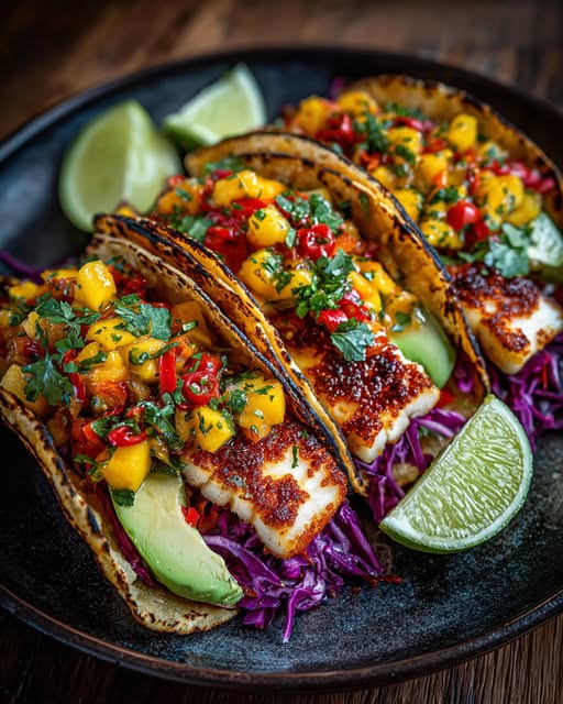 Grilled Halloumi Tacos with Spicy Ginger-Mango Salsa Recipe 2 Grilled Halloumi Tacos with Spicy Ginger-Mango Salsa Recipe - Recipe Image