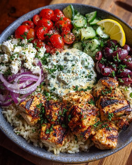 Greek Chicken Souvlaki Bowl with Spicy Lemon Feta Sauce Recipe 3 Greek Chicken Souvlaki Bowl with Spicy Lemon Feta Sauce Recipe - Recipe Image