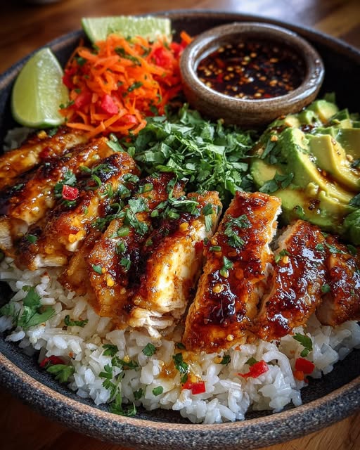Spicy Honey Lime Chicken & Avocado Brown Rice Stack Recipe