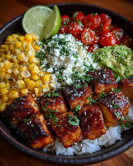 Honey Lime Chicken & Corn Feta Rice Bowl Recipe - Recipe Image