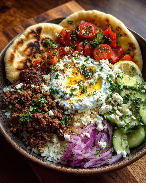 Mediterranean Ground Beef Pita Bowl with Lemon Whipped Feta Recipe - Recipe Image
