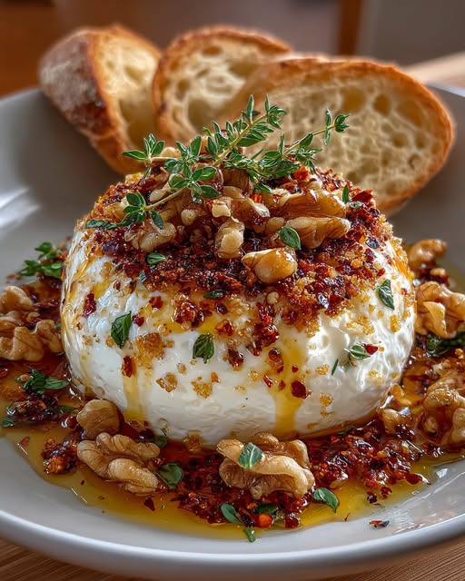 Burrata Bomb with Hot Honey & Toasted Walnut Crunch Recipe - Recipe Image