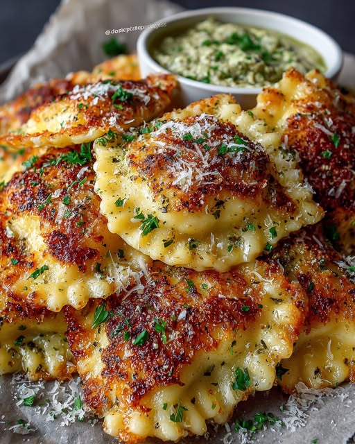 Smashed Crispy Ravioli Bites with Pesto Dip & Parmesan Snow Recipe