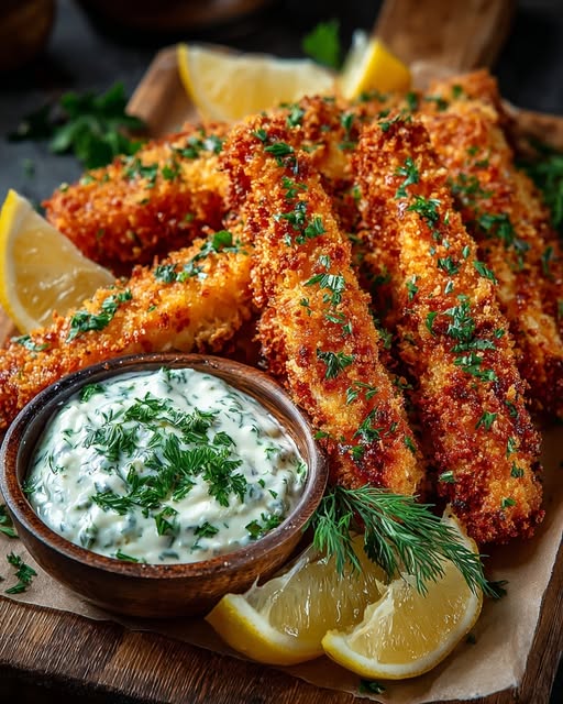 Crispy Salmon Strips with Herb Tartar Dip Recipe - Recipe Image