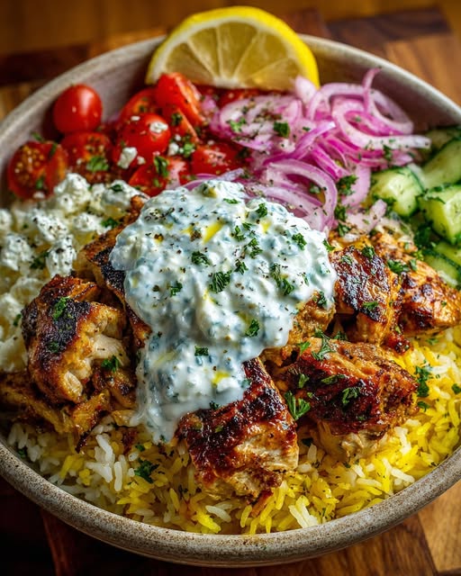 Greek Chicken Gyro Rice Bowl with Creamy Garlic Feta Recipe
