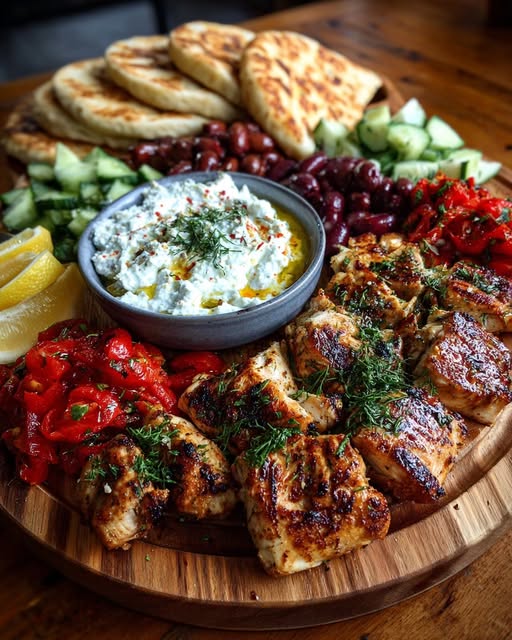 Greek Chicken Souvlaki Grazing Board with Spicy Feta Dip Recipe - Recipe Image